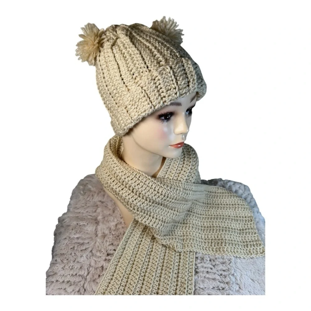 Handmade Bright Beige/ cream Crochet Hat & Scarf Set – Cozy & Stylish adult size